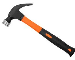 A hammer with an orange and black handle
