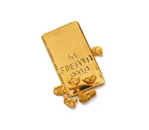 A gold bar with gold nuggets scattered around it